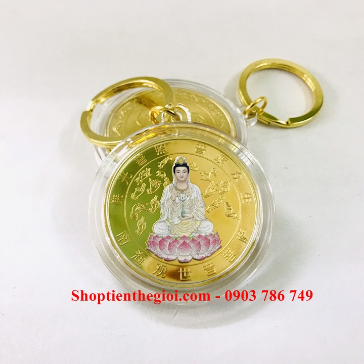 Móc Khóa Xu Quan Âm Vàng In Màu - SP005204